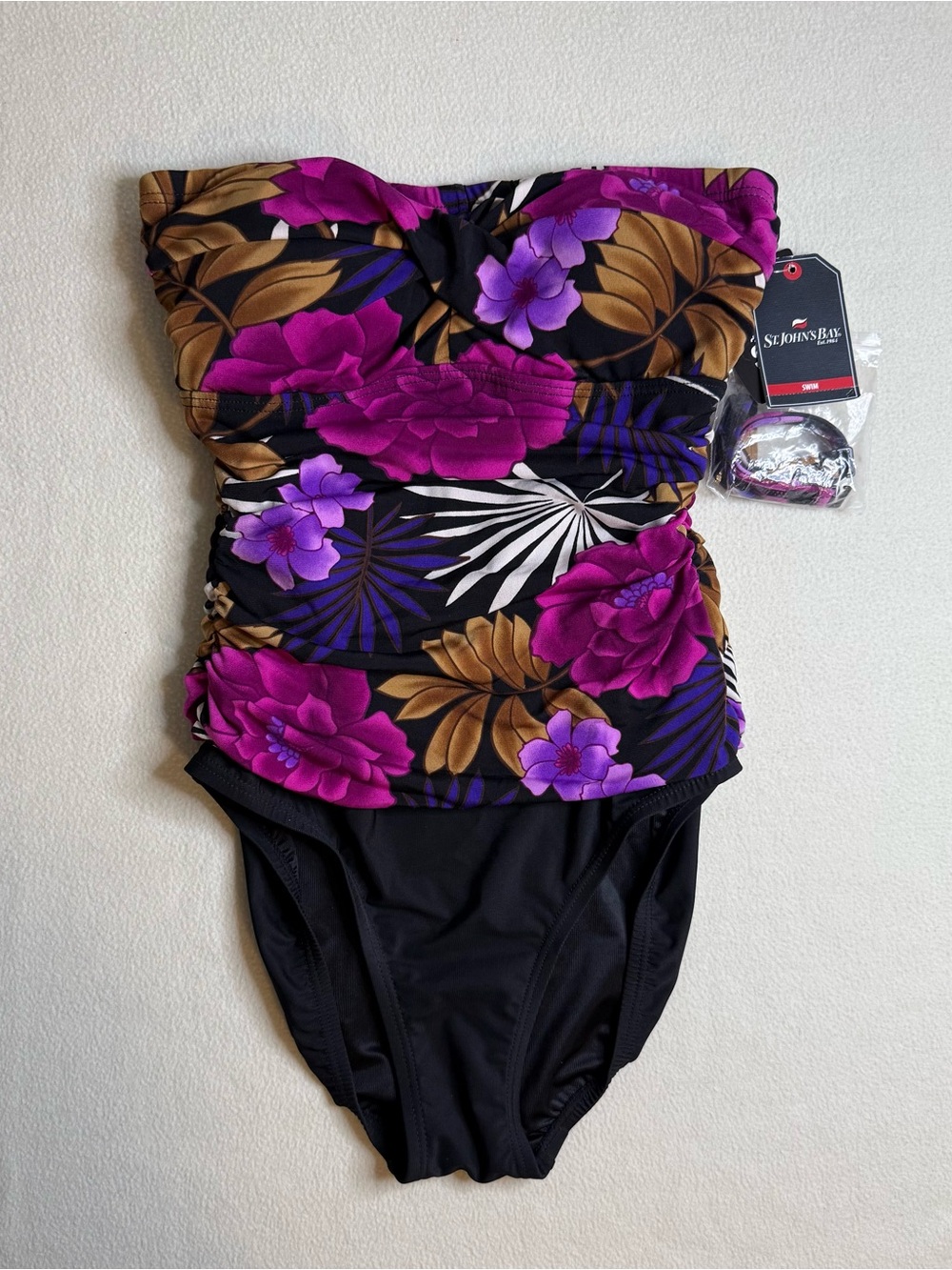 St. John's Bay Black One-Piece with Purple Floral Print